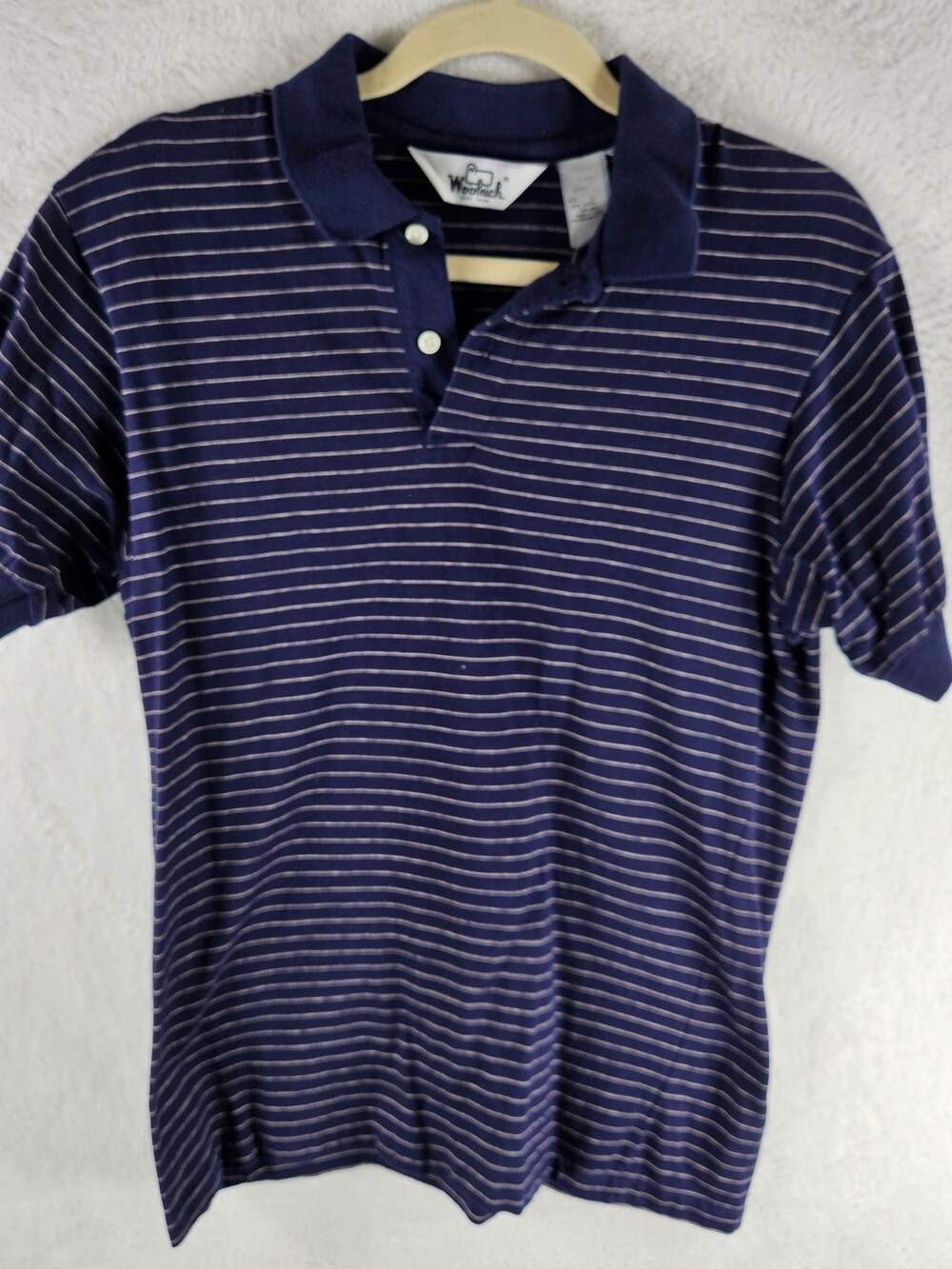 Vintage 80s Woolrich Polo Shirt Pinstripe Navy Blue White Men's Size Large USA